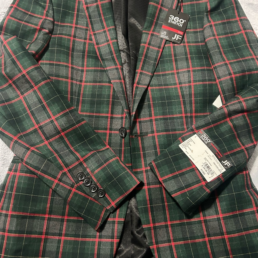jf j.ferrar Green and Red Plaid Suit Jacket